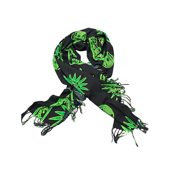 Koko Knot Black Green Rayon Scarf With Fringe Detail Batik Pattern - Picture 2 of 8